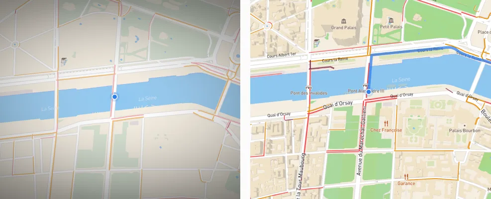 The regular map (left) only shows traffic information compared to the navigation map (right) with more detailed information