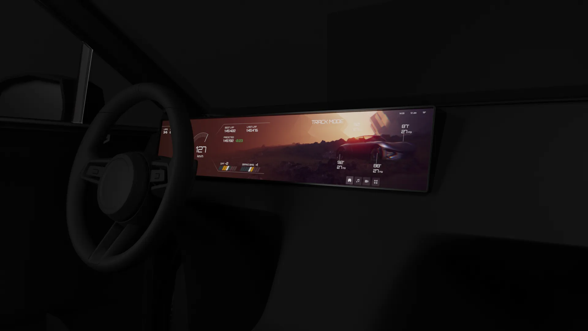 Example of a version of our product designed for a sportscar with a super wide display