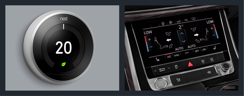 The Nest thermostat compared to the climate controls in an Audi