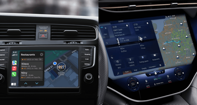 The difference between the simple design of CarPlay and Mercedes' latest system
