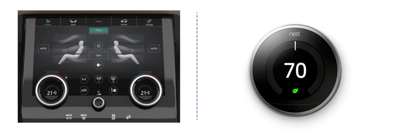 The climate controls in a Range Rover Velar compared to the Nest Thermostat