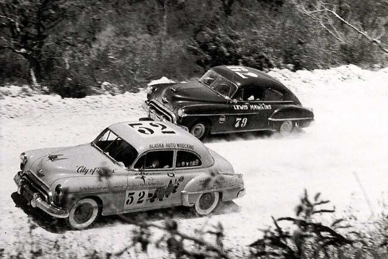 Hershel McGriff and Ray Elliott (car no. 52) in their Oldsmobile 88 on their way to win the rally